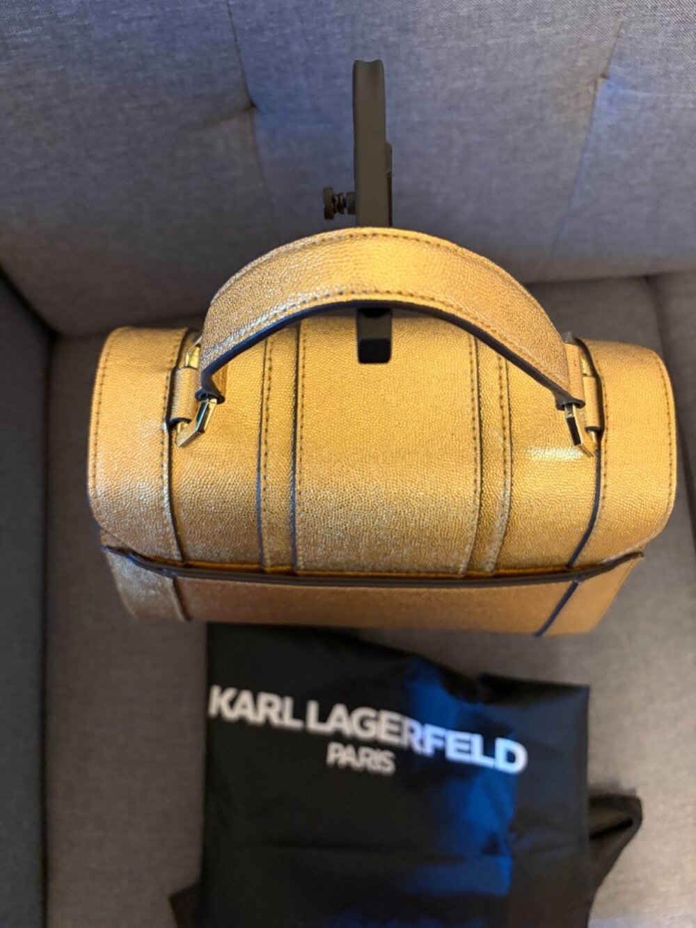 Karl Lagerfeld Paris Gold Satchel Top Handle Metallic Bag NWOT Strap Dust Bag - Picture 4 of 9